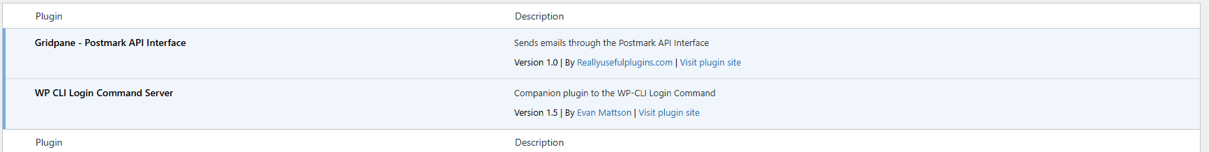 Gridpane: Setting Up Email Delivery Table listing plugins: Gridpane - Postmark API Interface and WP CLI Login Command Server with descriptions and versions.