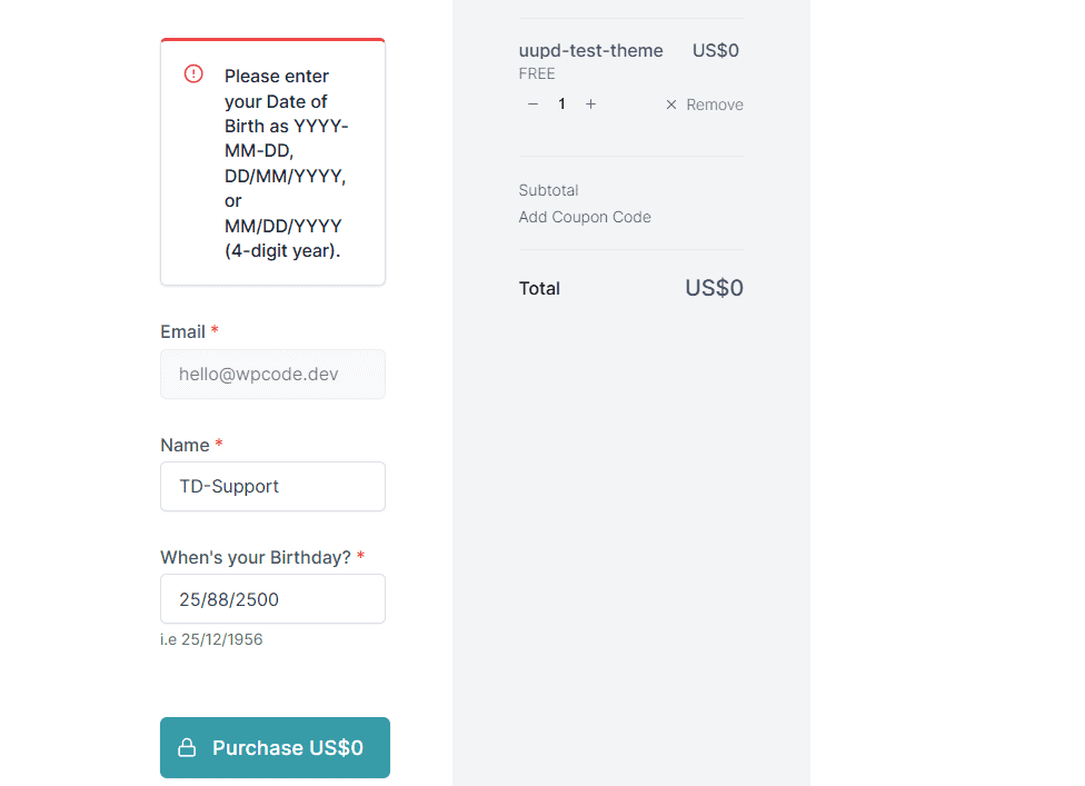 SureCart - Custom Field DOB WorkFlow surecart dob date validation failure